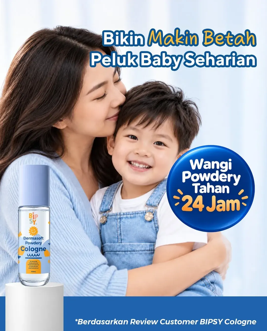 Bunda memeluk si kecil yang memakai BIPSY Cologne
